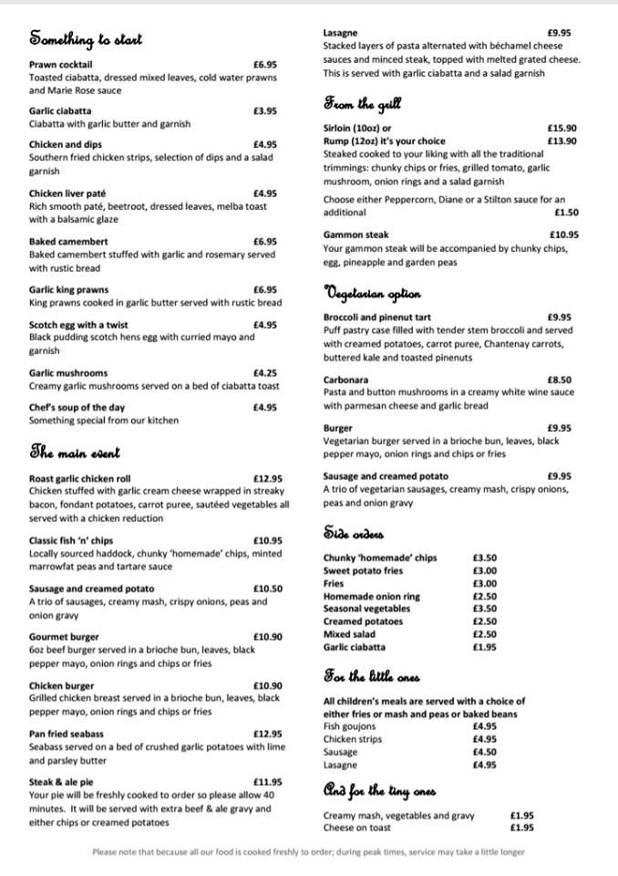 Menu at The Highfield in Beverley restaurant, Beverley