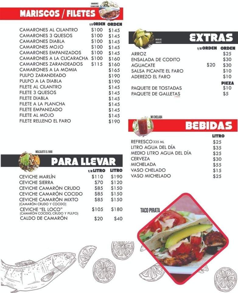 Menu at El Faro Mariscos restaurant, Colima