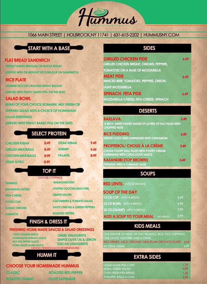 Menu at Hummus Mediterranean Holbrook restaurant, Holbrook
