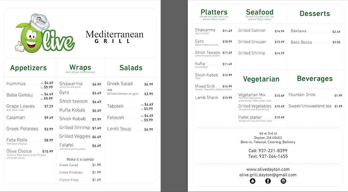 Menu at Olive Mediterranean Grill restaurant, Dayton, 44 W Third St