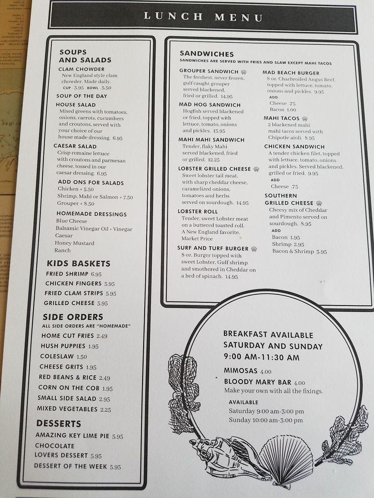 Menu at Mad Beach Fish House pub & bar, Madeira Beach