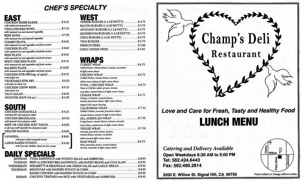 Menu at Champ's Deli Restaurant, Signal Hill