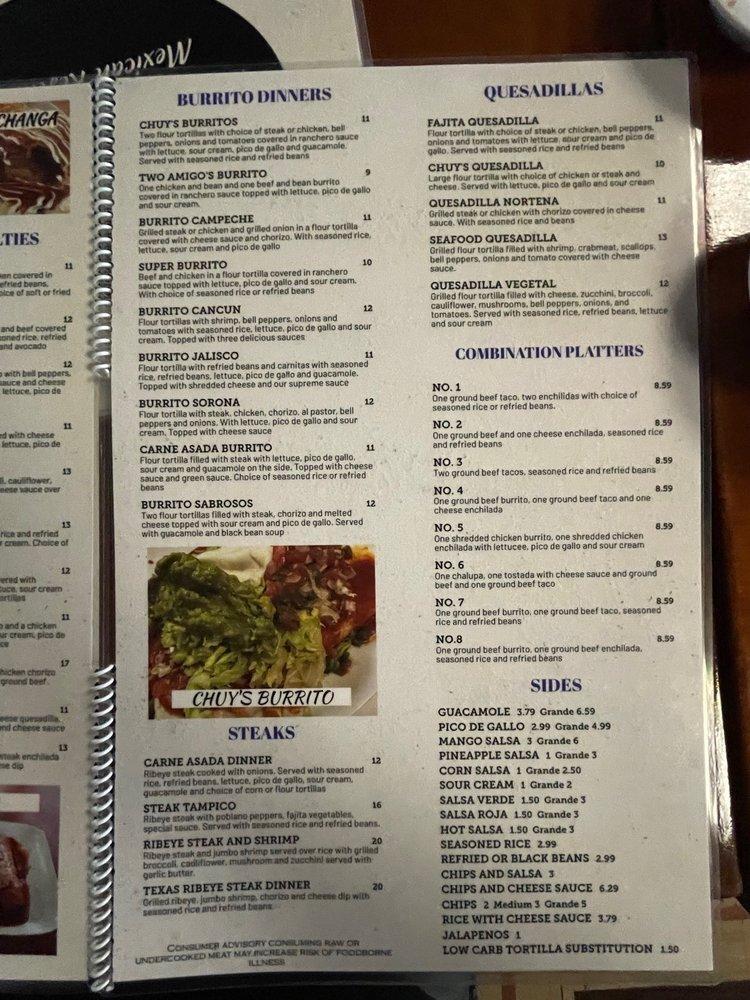 Menu at Chuy's Tacos and Margaritas pub & bar, Mifflin