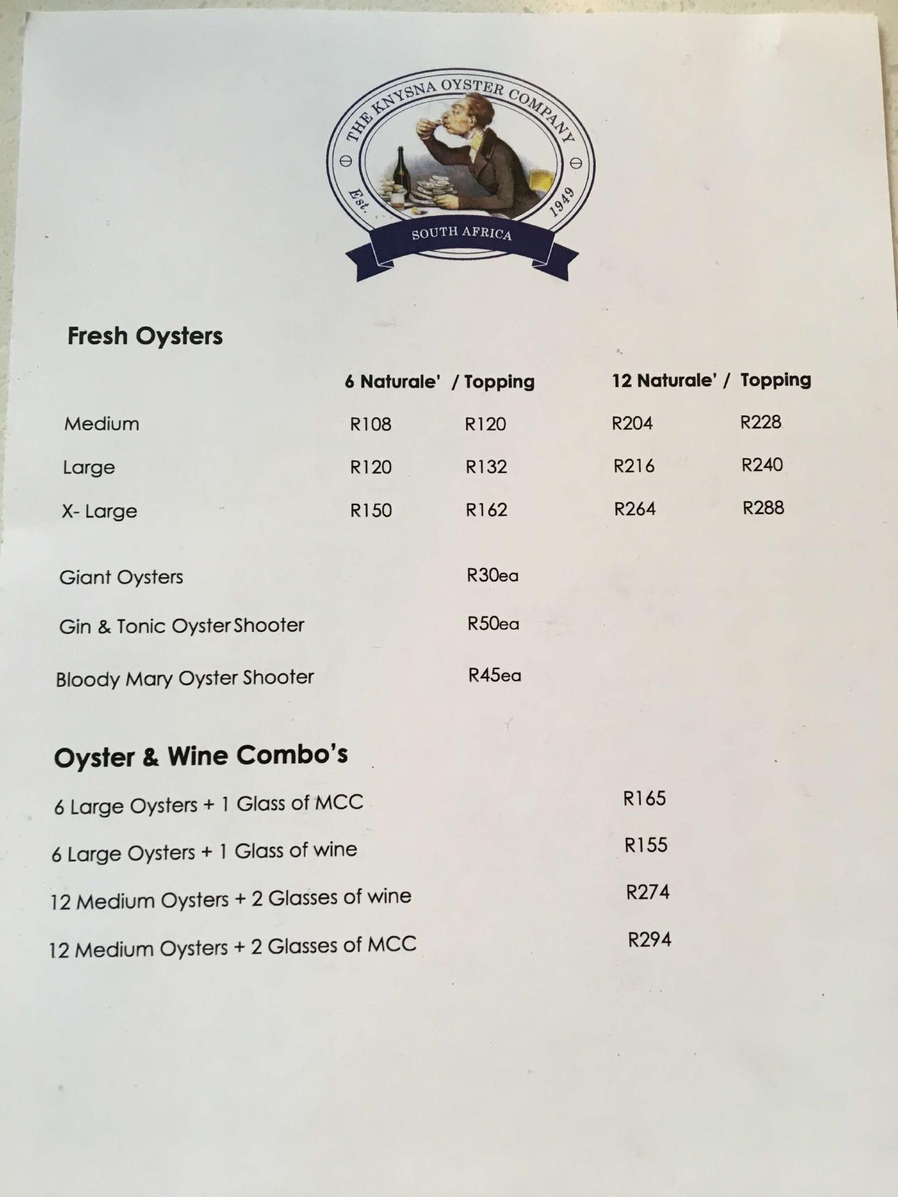 Menu at Knysna Oyster Company restaurant, Cape Town