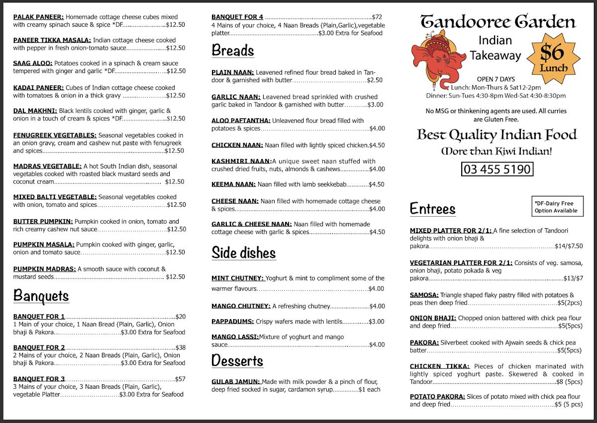 Menu at Tandooree Garden restaurant, Dunedin