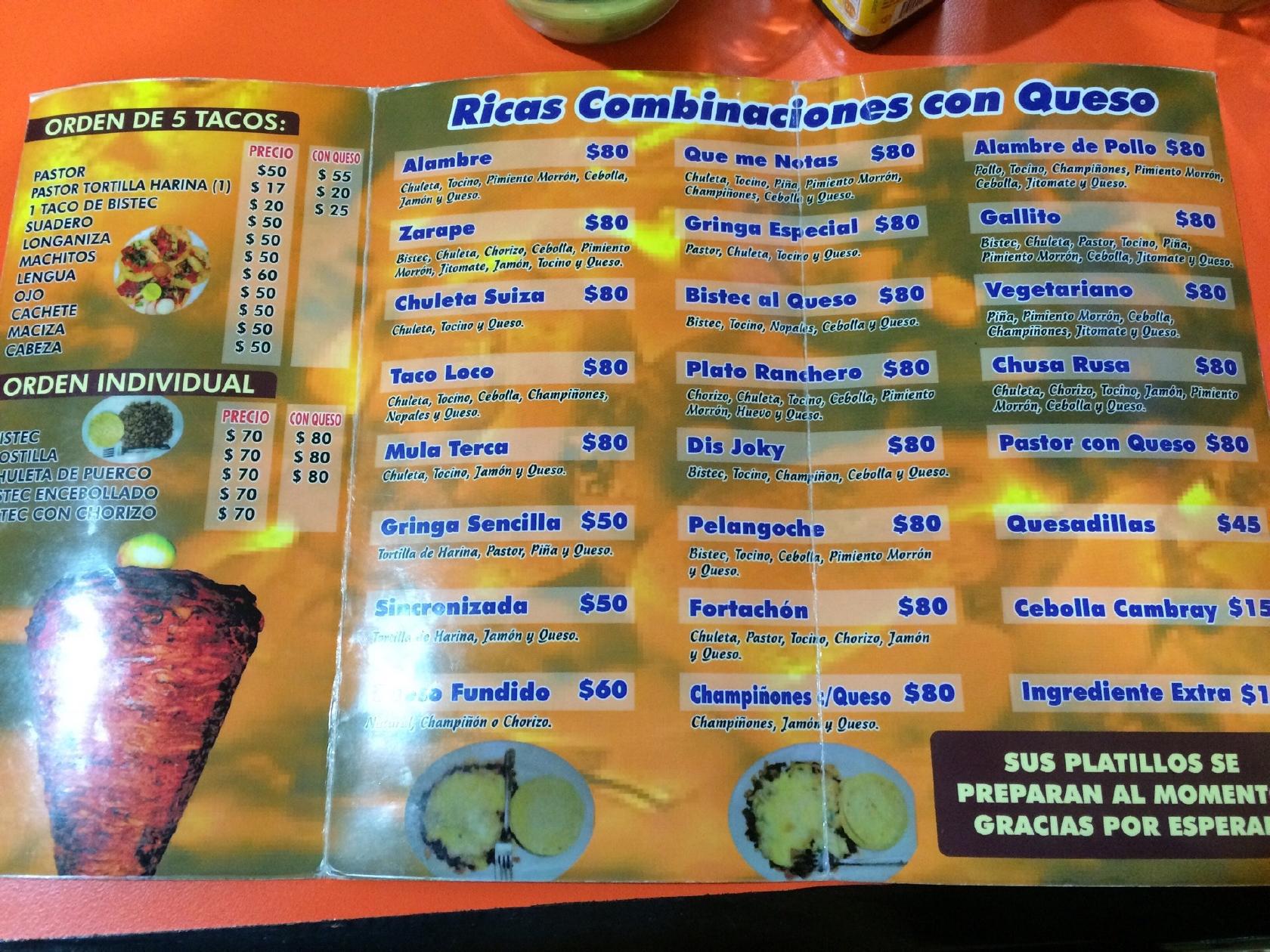 Carta del restaurante Taquería Las Brasas, Cholula, Calle Camino Real a Cholula 2211