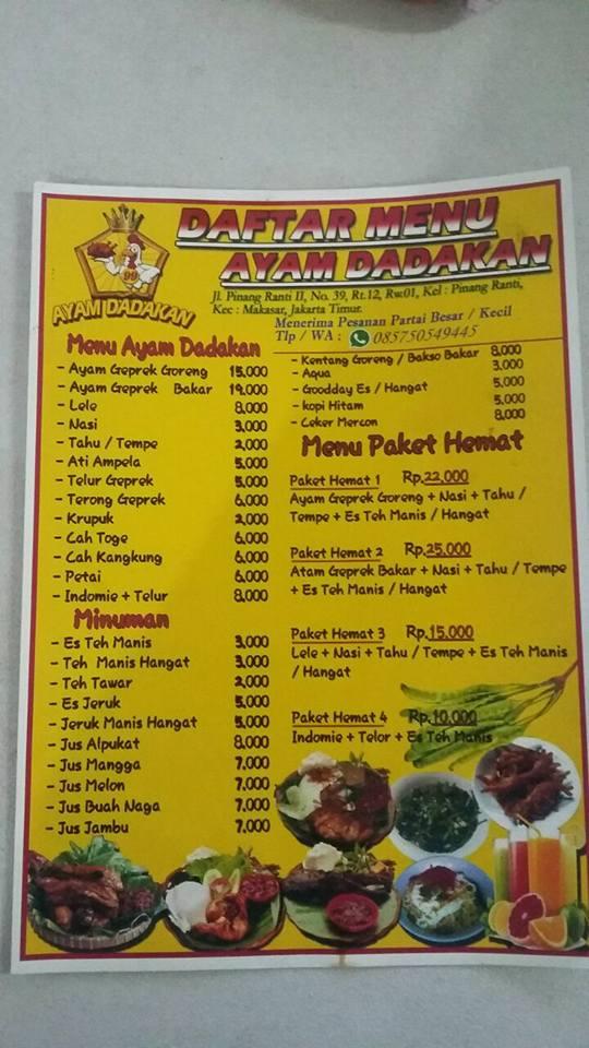 Menu at Ayam Dadakan restaurant, Jakarta