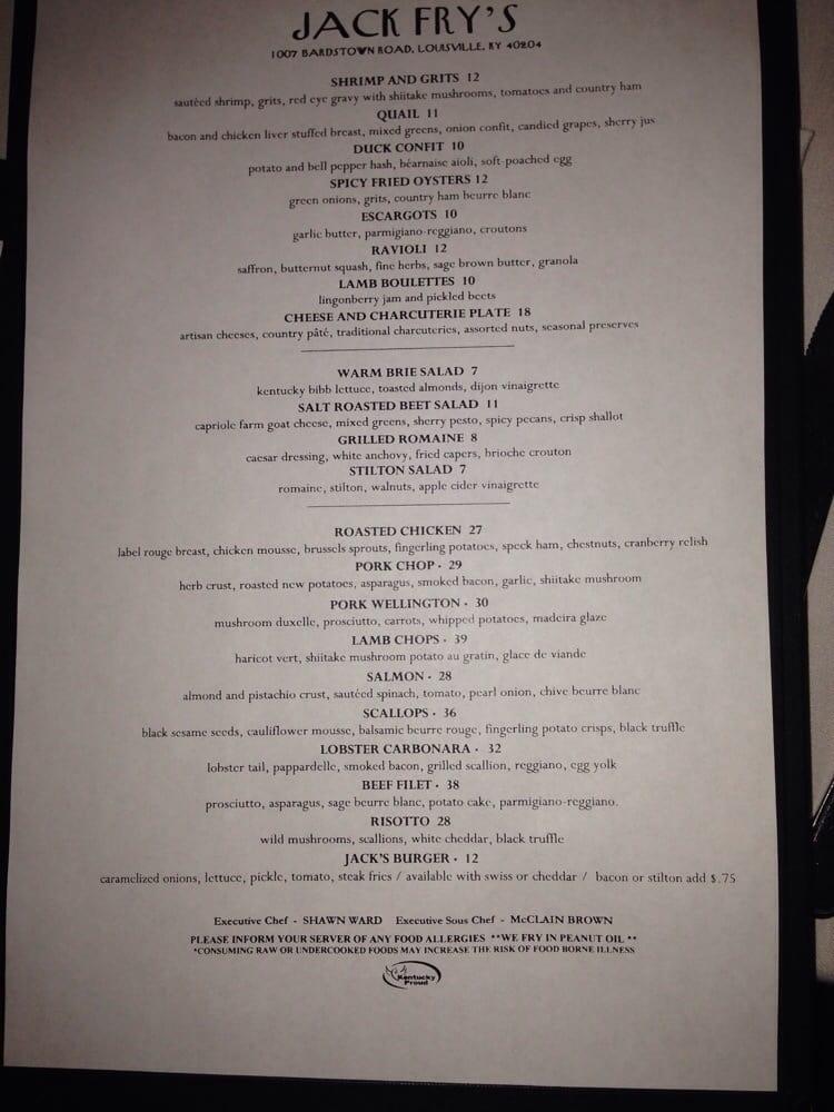 Menu at Jack Fry's restaurant, Louisville