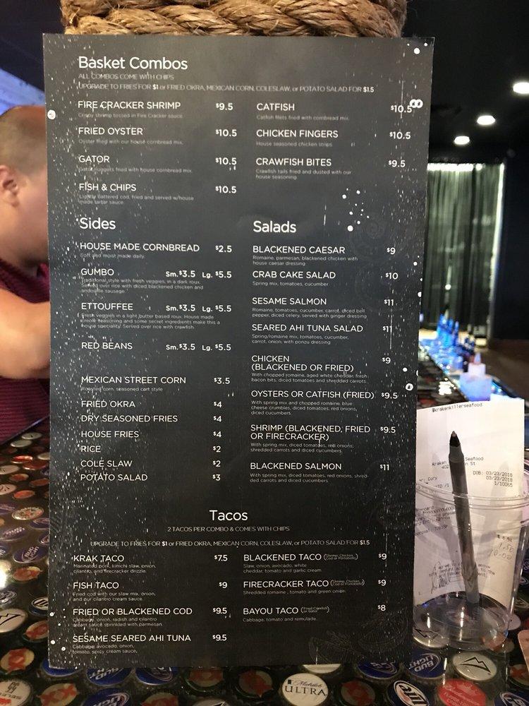 Menu at Kraken Killer Seafood restaurant, Springdale