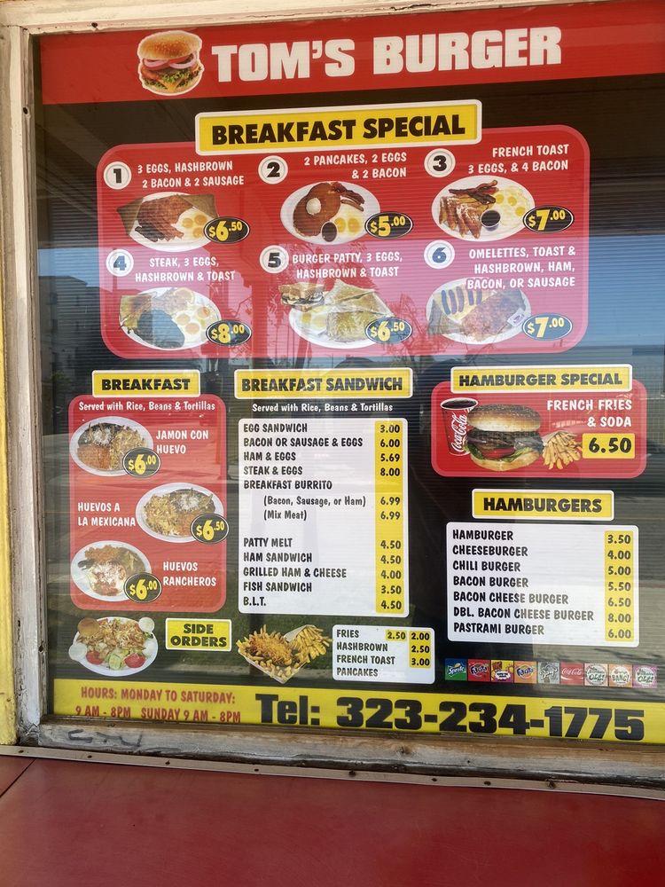 Menu at Tom's Burgers fast food, Los Angeles, S Vermont Ave