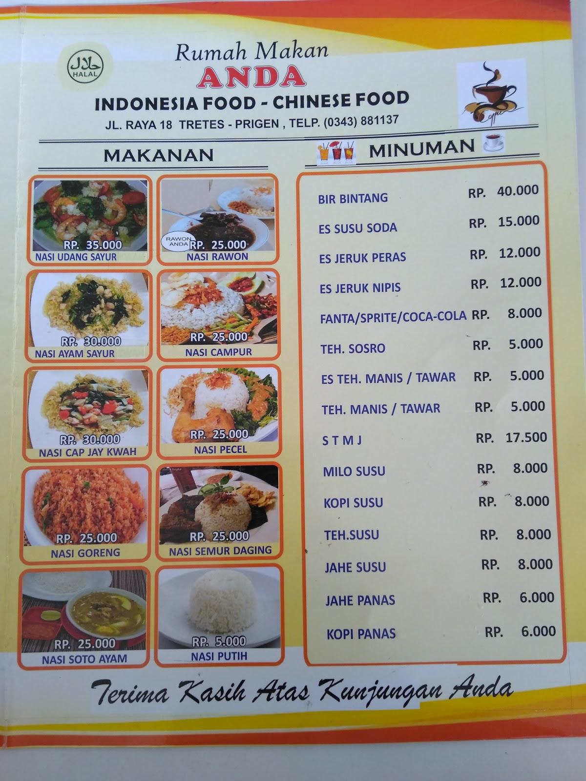 Menu at Rumah Makan Anda restaurant, Prigen