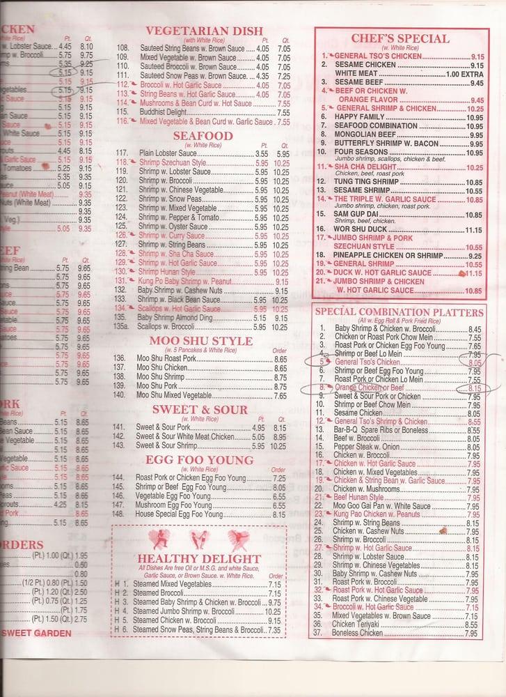 Menu at Sweet Garden Chinese Take-Out restaurant, Shirley