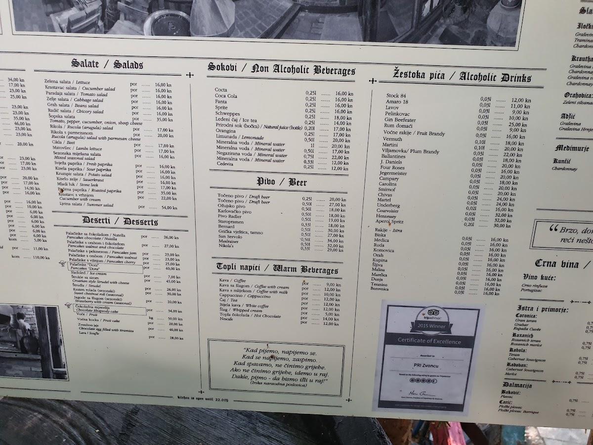 Menu at Pri zvoncu restaurant, Zagreb