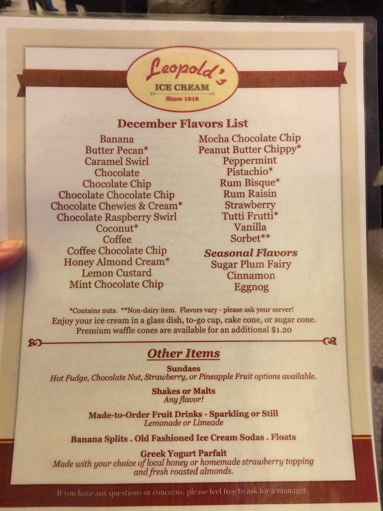 Menu at Leopold's Ice Cream desserts, Savannah, 212 E Broughton St