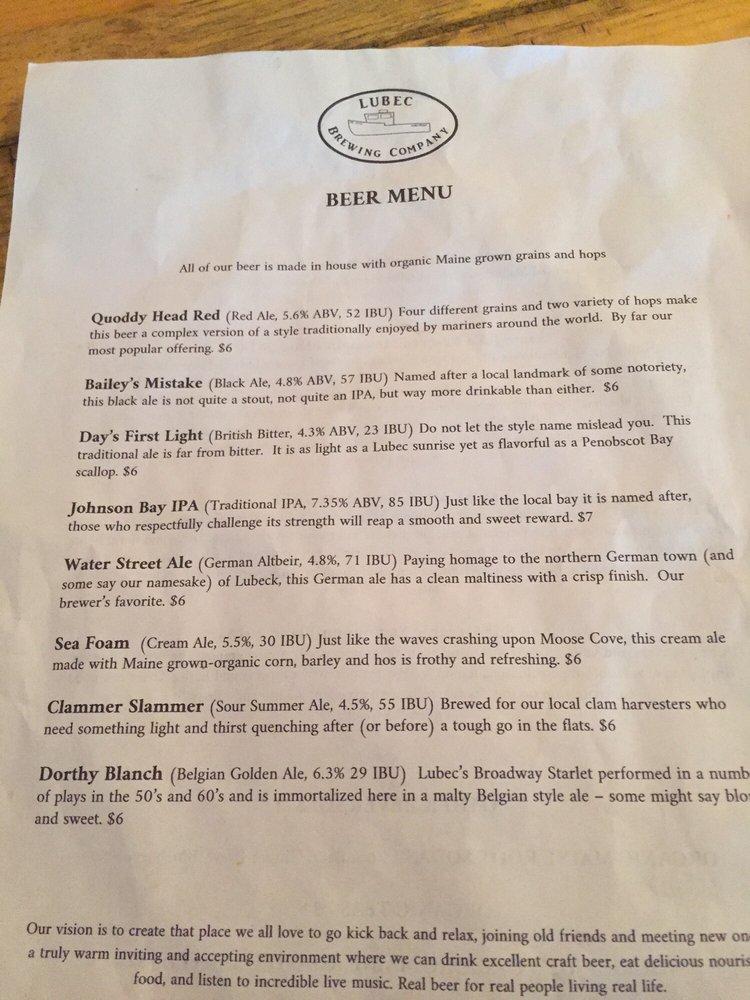 Menu at Lubec Brewing Company restaurant, Lubec