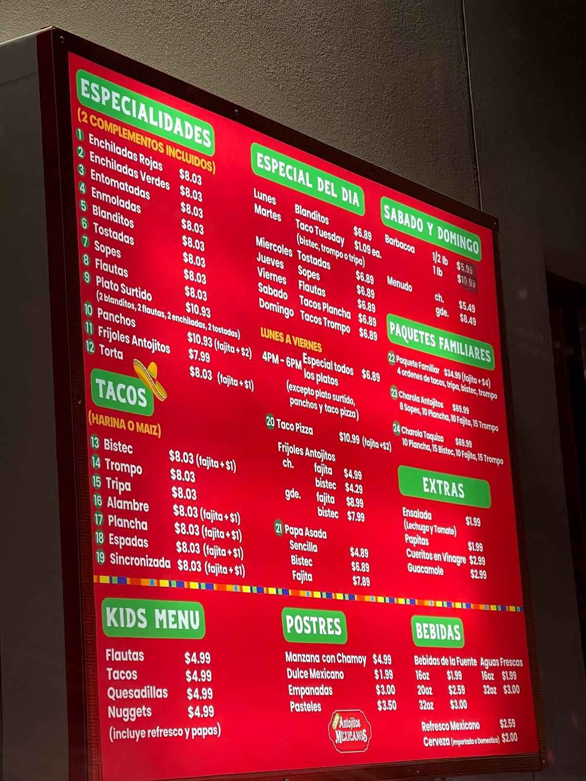 Carta del restaurante 100% Antojitos Mexicanos, Weslaco