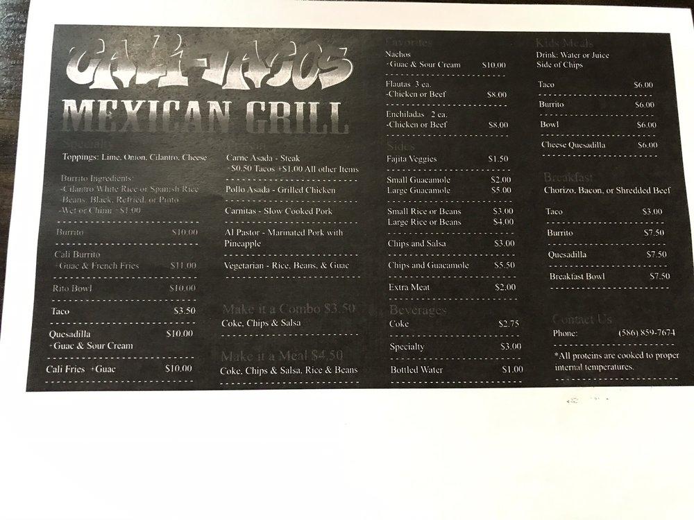 Menu at Cali Tacos restaurant, Saint Clair Shores