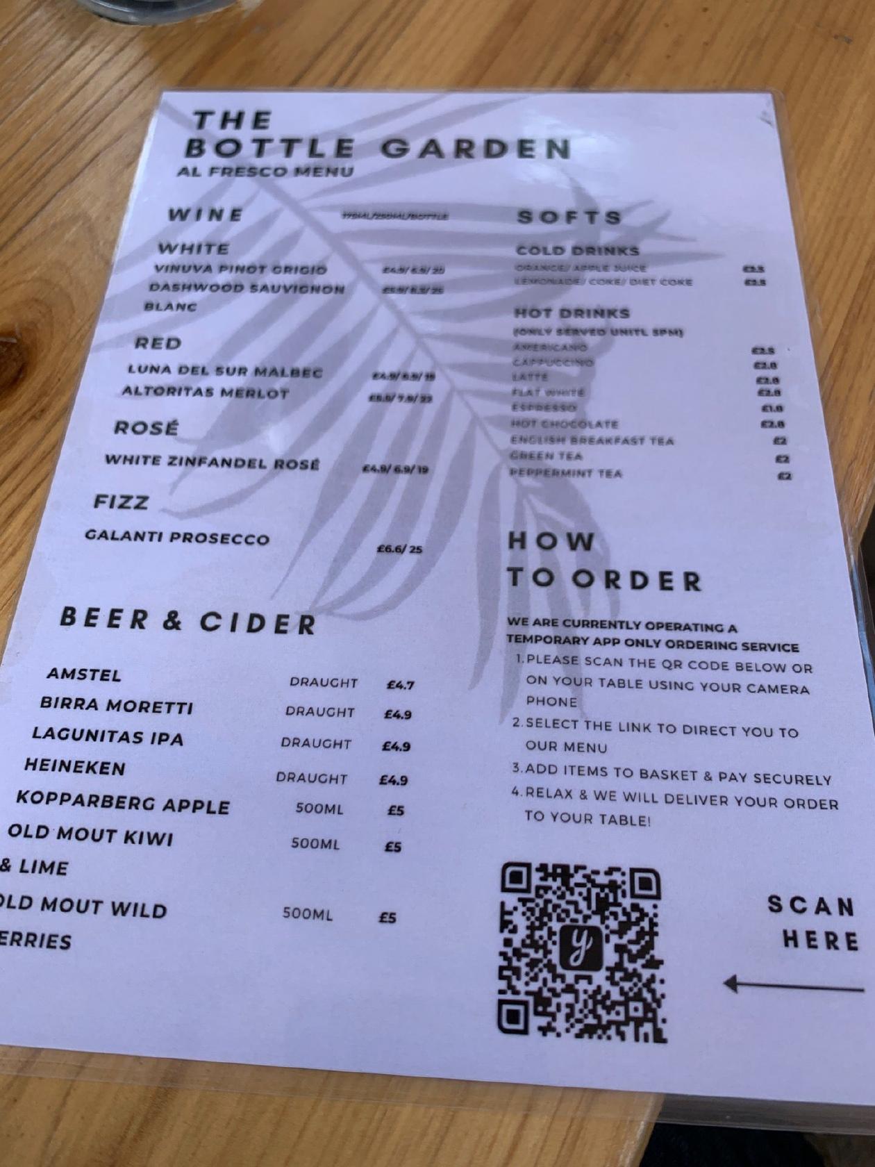 Carta del pub y bar The Bottle Garden Leicester, Leicester