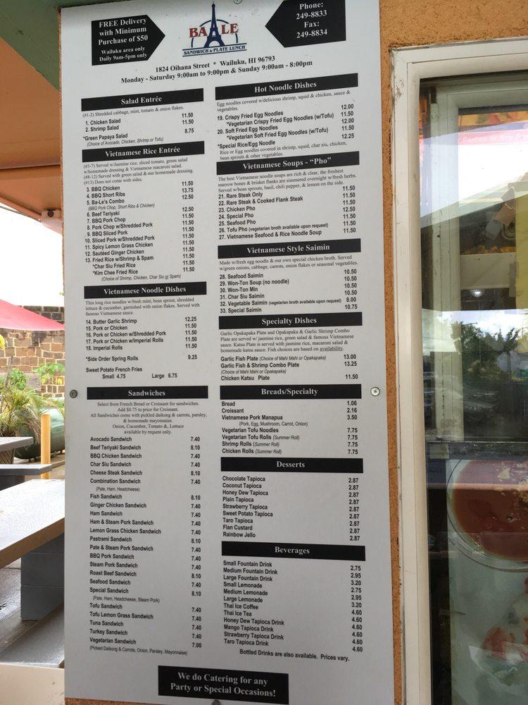 Menu at BaLe Sandwich Shop fast food, Wailuku