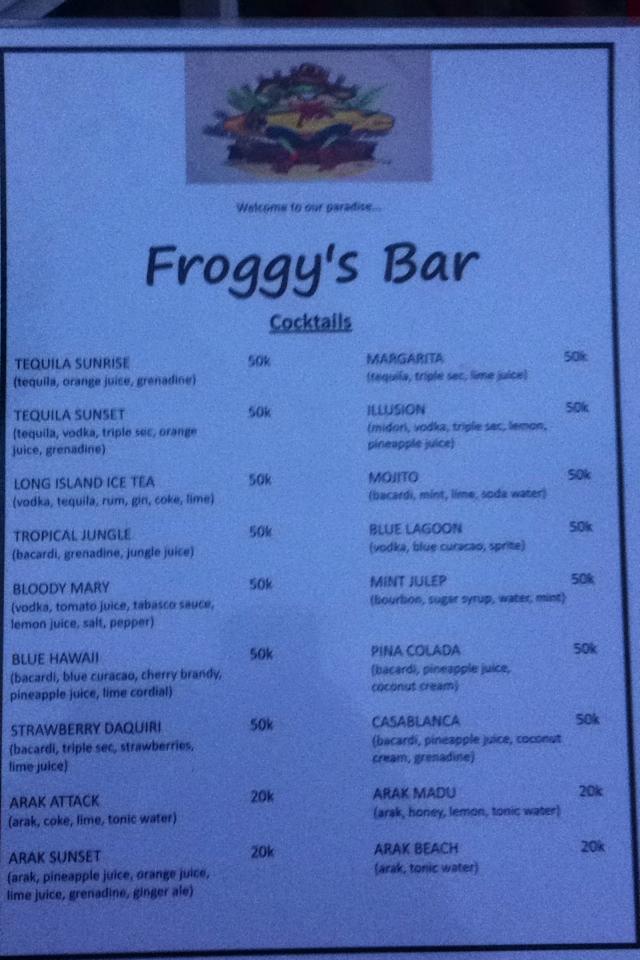 Menu at Froggy's Bar, Mengwi