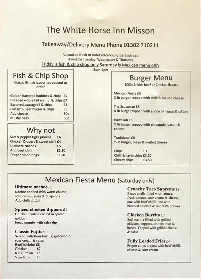 Menu at The White Horse Inn pub & bar, Auckley
