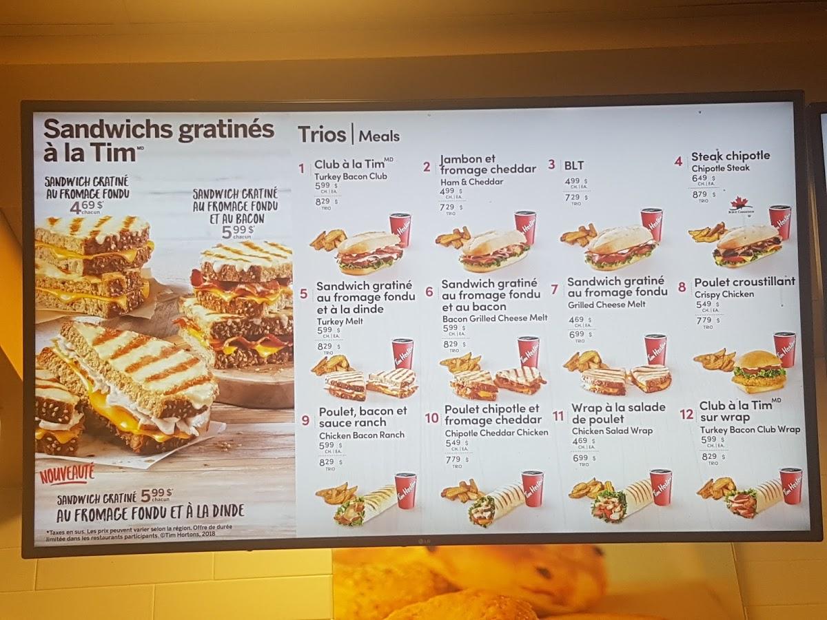 Menu at Tim Hortons fast food, Montreal, Peel St