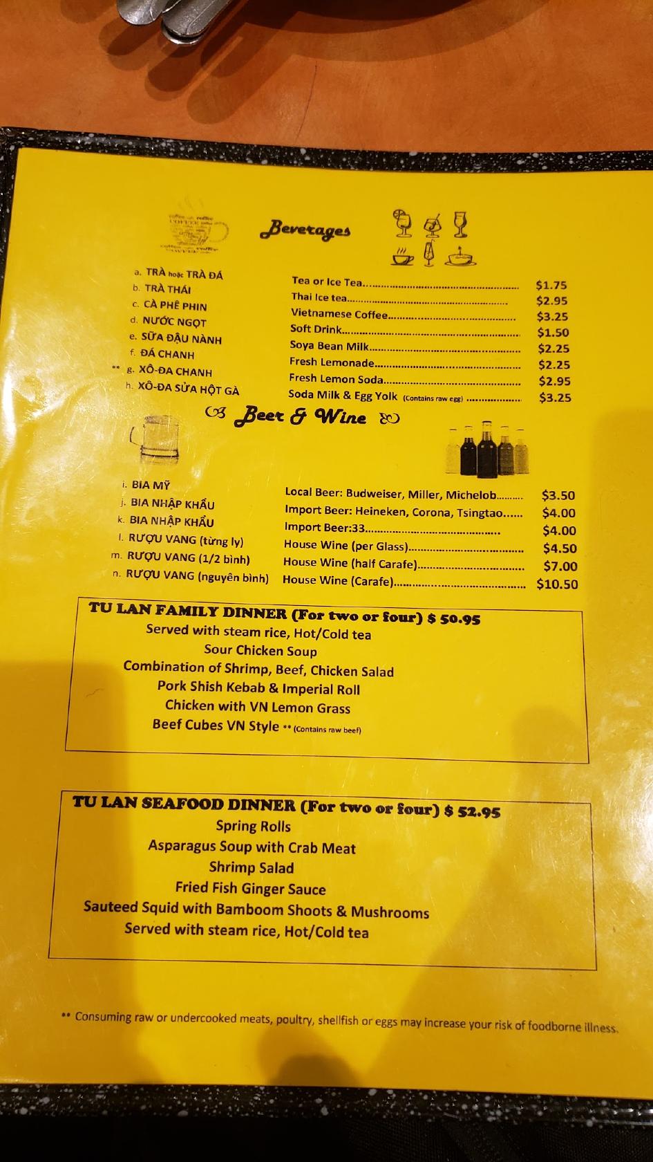 Menu at Tú Lan restaurant, San Francisco