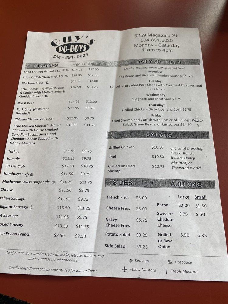 Menu at Guy's Po-Boys restaurant, New Orleans
