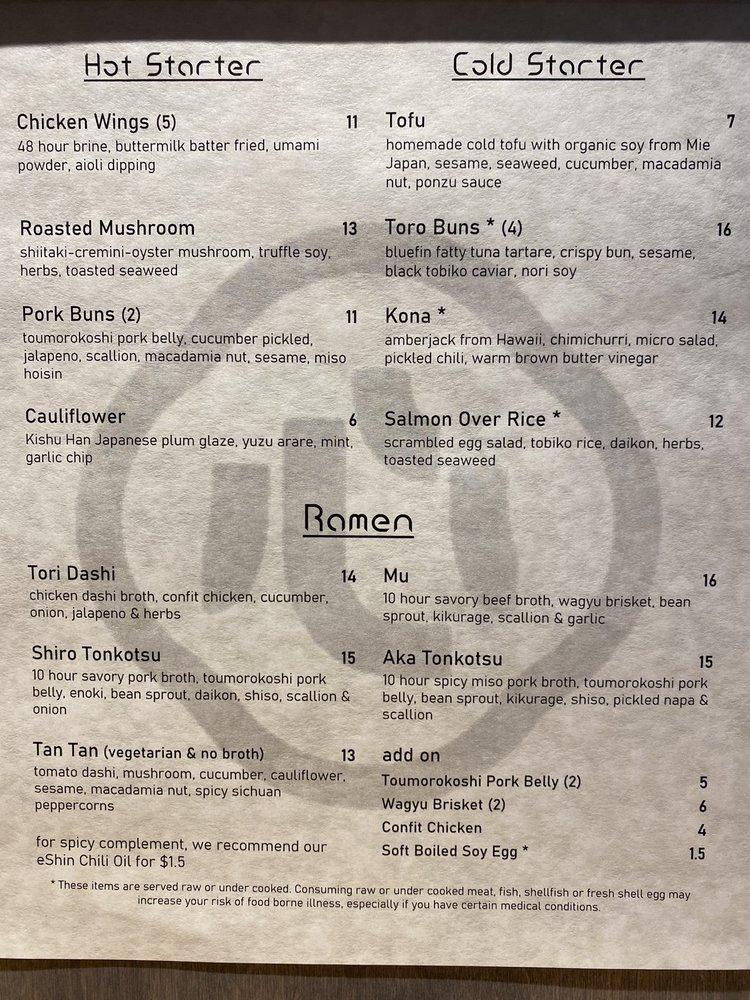 Menu at eShin Noodle Bar, Stony Brook