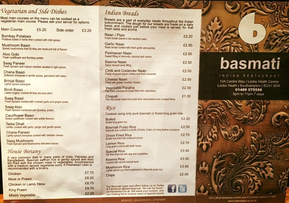 Menu at Basmati Indian Restaurant Locks Heath Southampton, Southampton