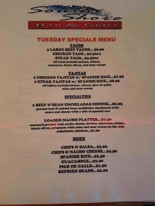 Menu at South Shore Bar & Grill, Delavan, W6763 S Shore Dr