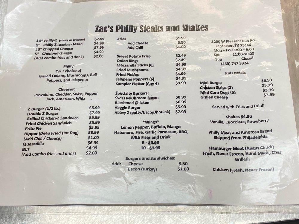 Menu at Zac's Phillysteaks & Shakes restaurant, Lancaster