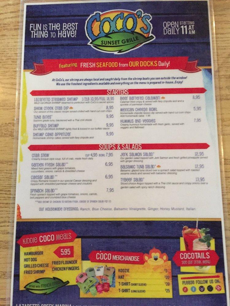 Menu at CoCo's Sunset Grille pub & bar, Tybee Island