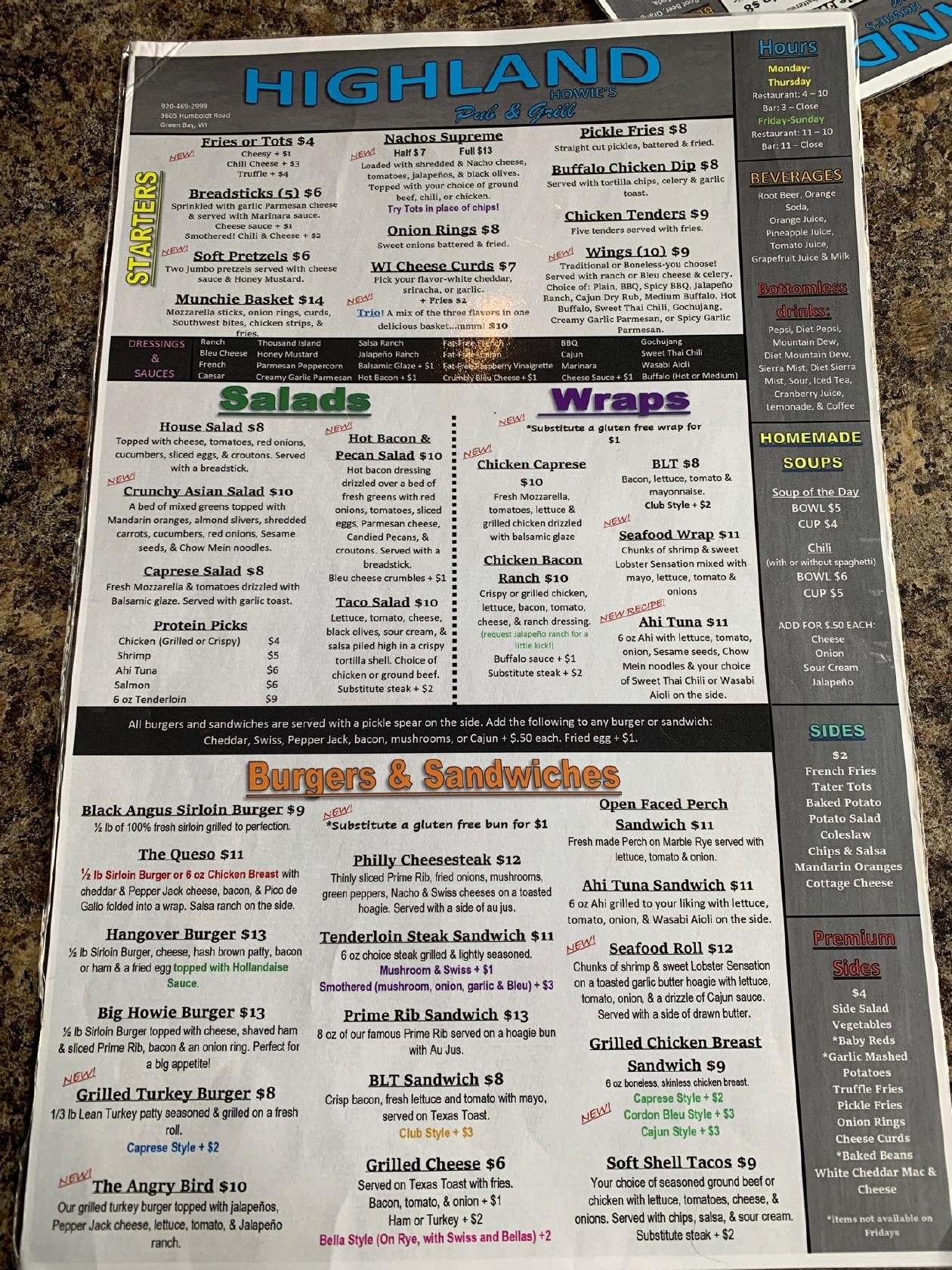 Menu at Highland Howie's Pub & Grill, Green Bay