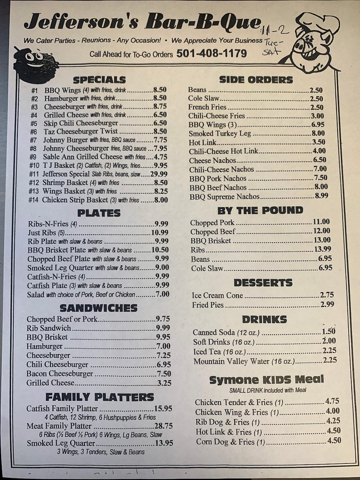 Jeffersons BarBQue in Hot Springs Restaurant menu and reviews