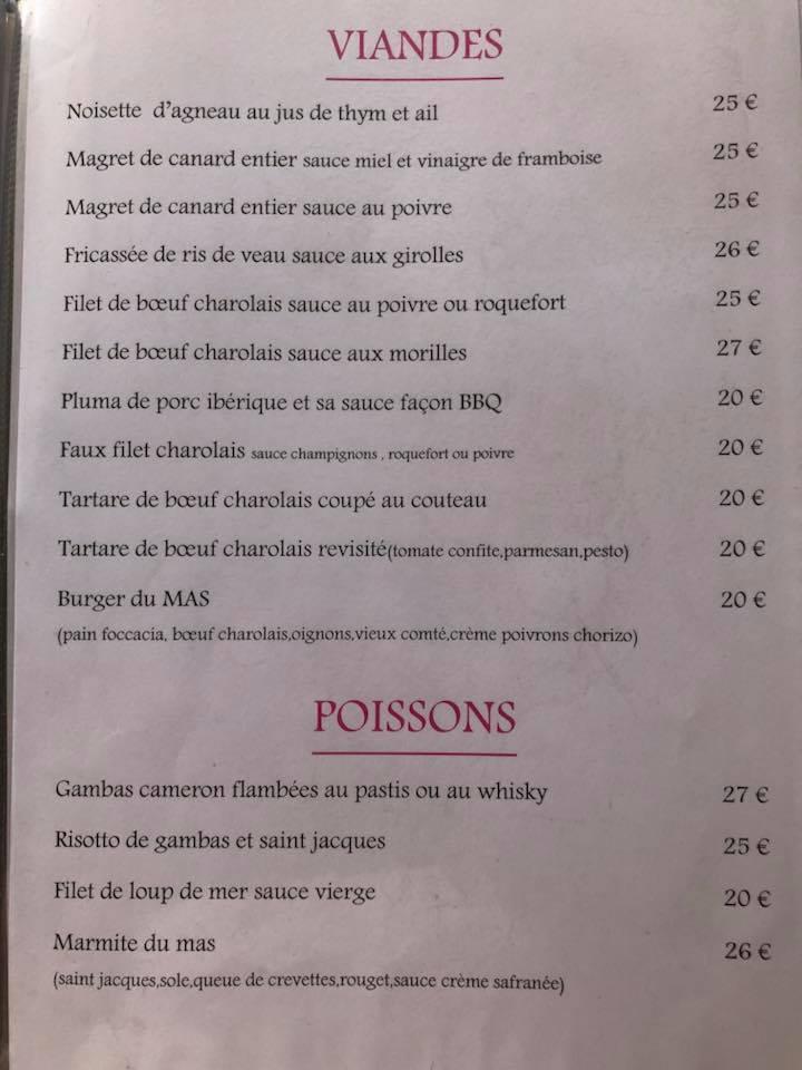 Menu at Le Mas Saint Donat restaurant, SainteMaxime