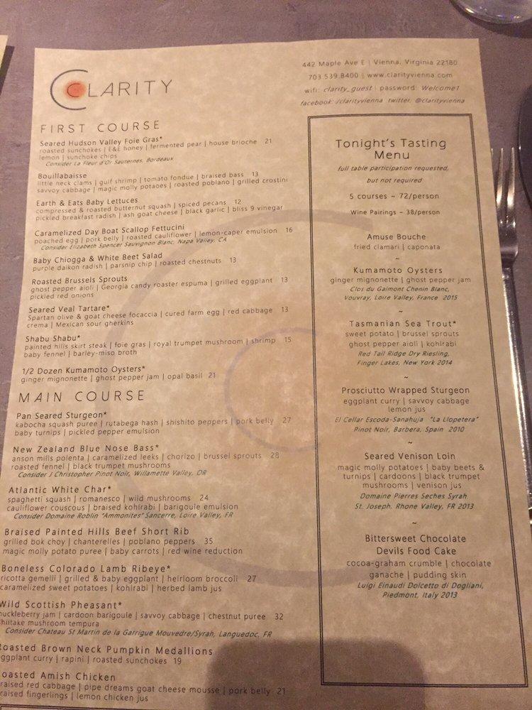 Menu at Clarity pub & bar, Vienna