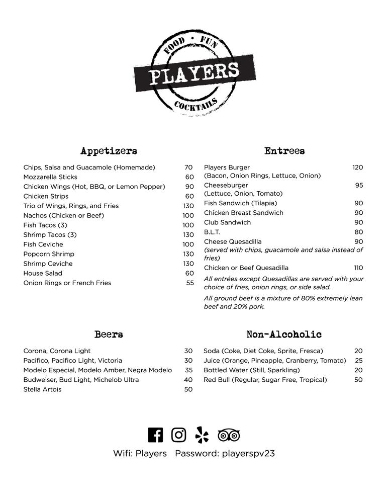 Menu at Players Sports Bar, Puerto Vallarta