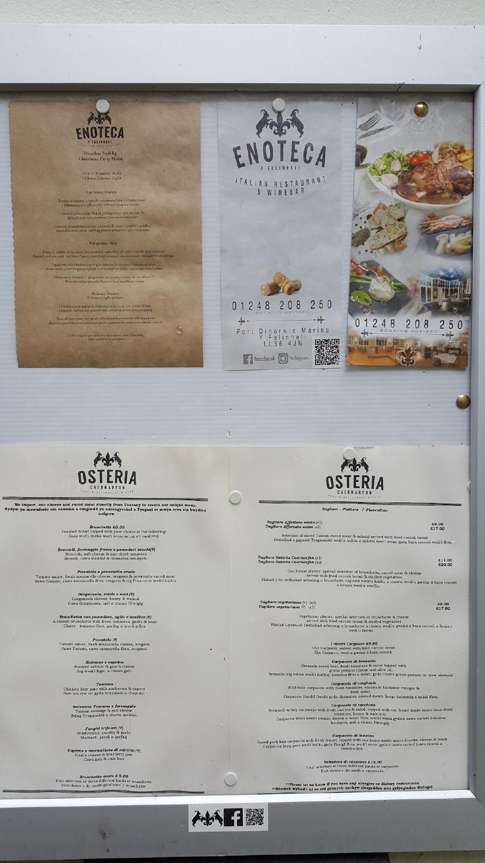 Menu at Osteria restaurant, Caernarfon