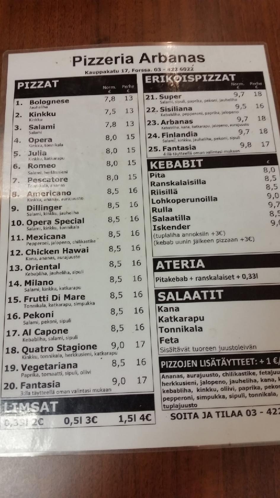 Menu at Pizzeria Arbanas, Forssa