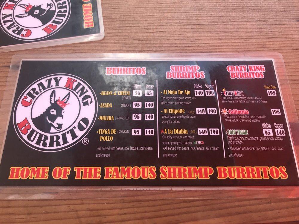Menu at Crazy King Burrito restaurant, San Miguel de Cozumel, Calle 4
