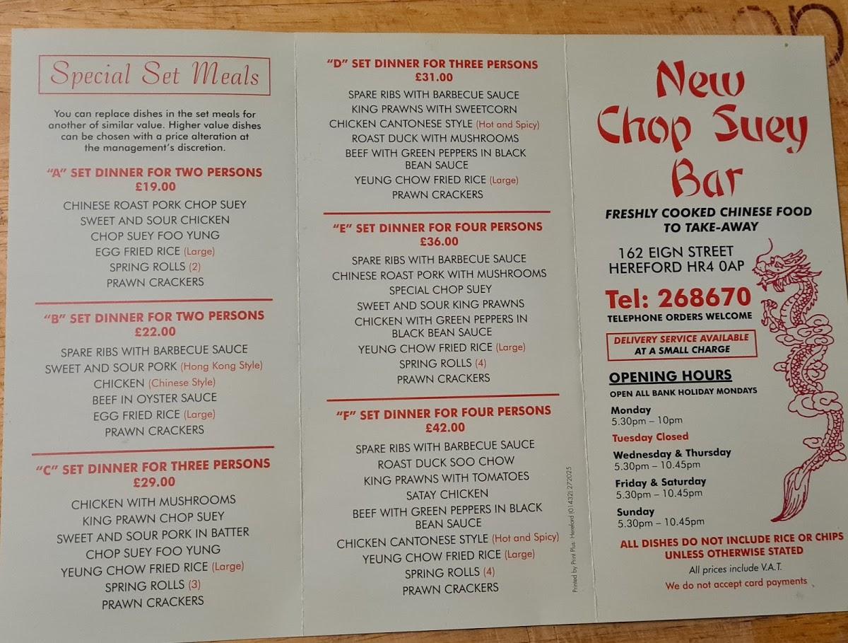 Menu at New Chop Suey Bar, Hereford, 162 Eign St