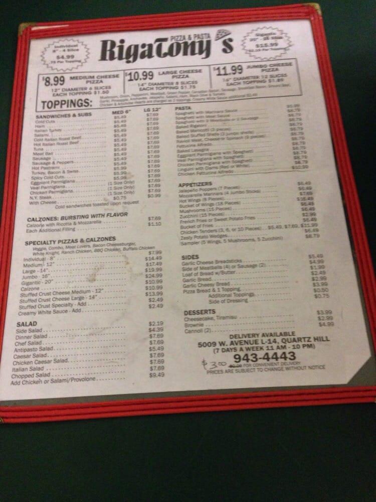 Menu at RigaTony’s Pizza & Pasta pizzeria, Lancaster