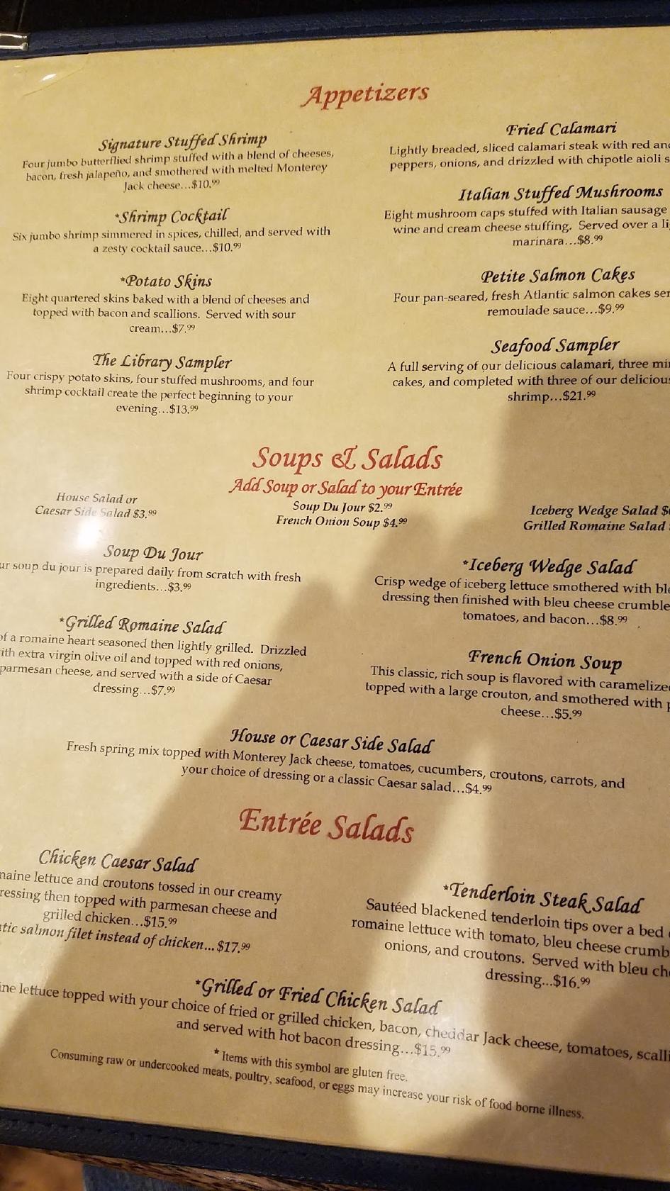 Menu at The Library Restaurant & Pub, Indianapolis
