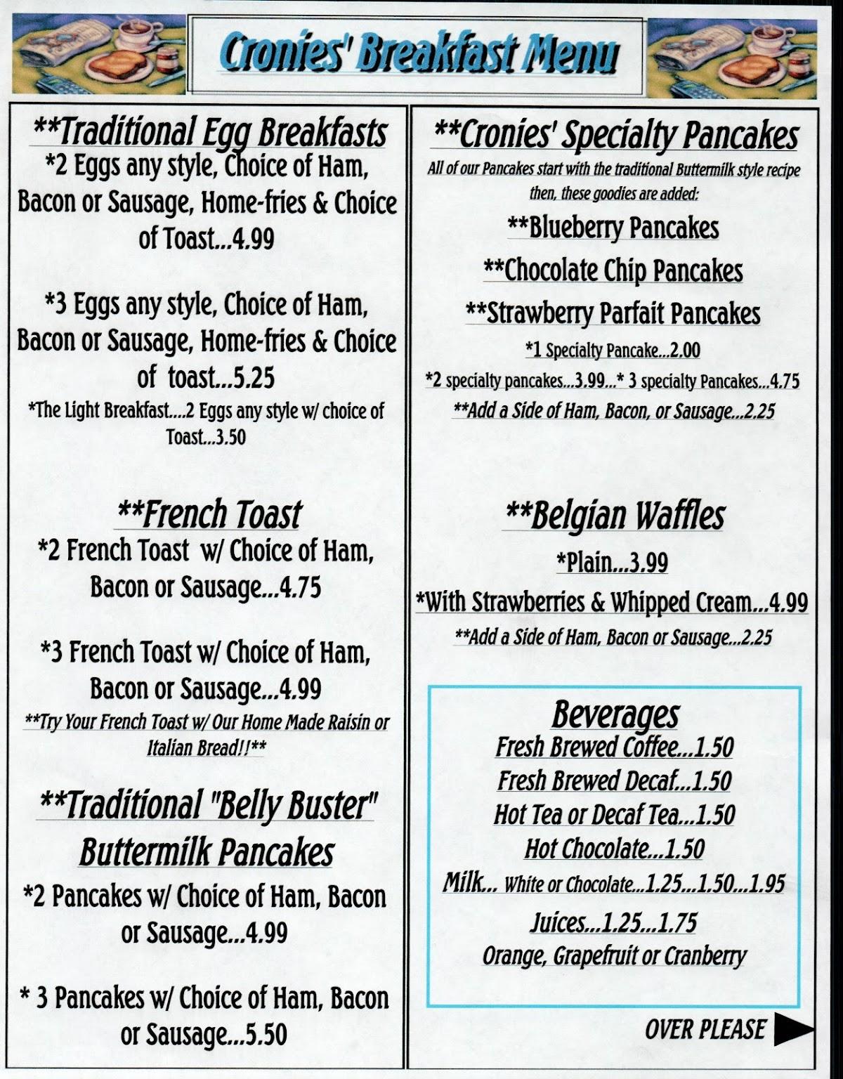 Menu at Cronies restaurant, Hagaman