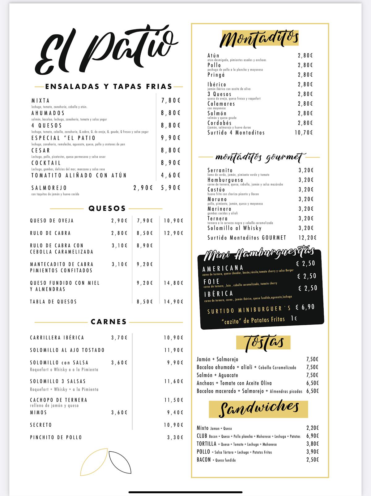 Carta del pub y bar El Patio, Badajoz