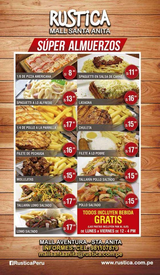 Carta del restaurante Rústica, Lima, CARRETERA CENTRAL 111 MALL AVENTURA PLAZA Santa Anita