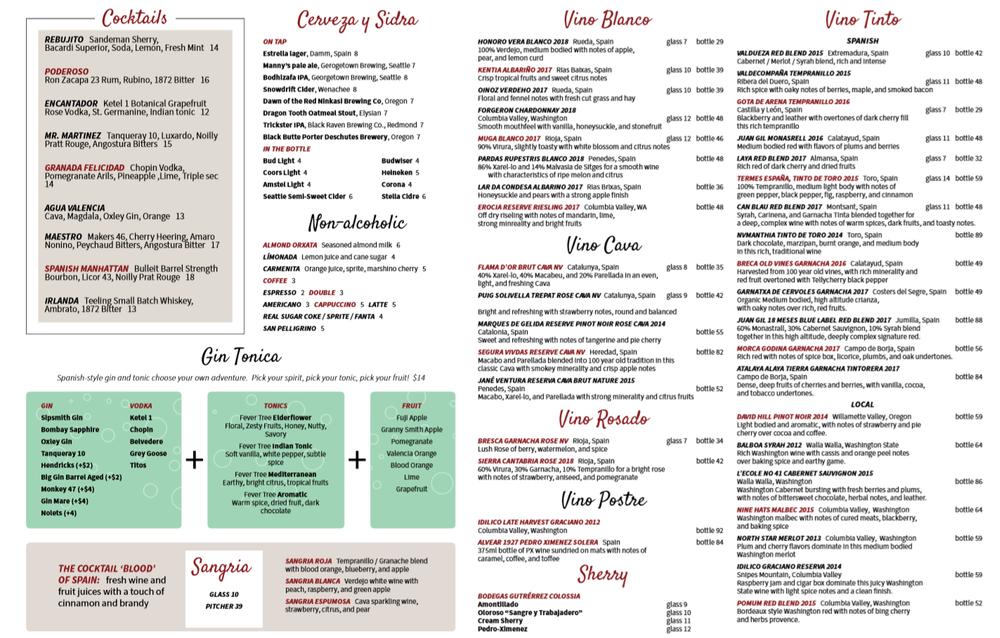 Menu at Castilla Restaurant and Tapas Bar, Bellevue
