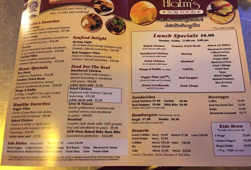 Menu at EllaEm's Soul Food restaurant, North Las Vegas