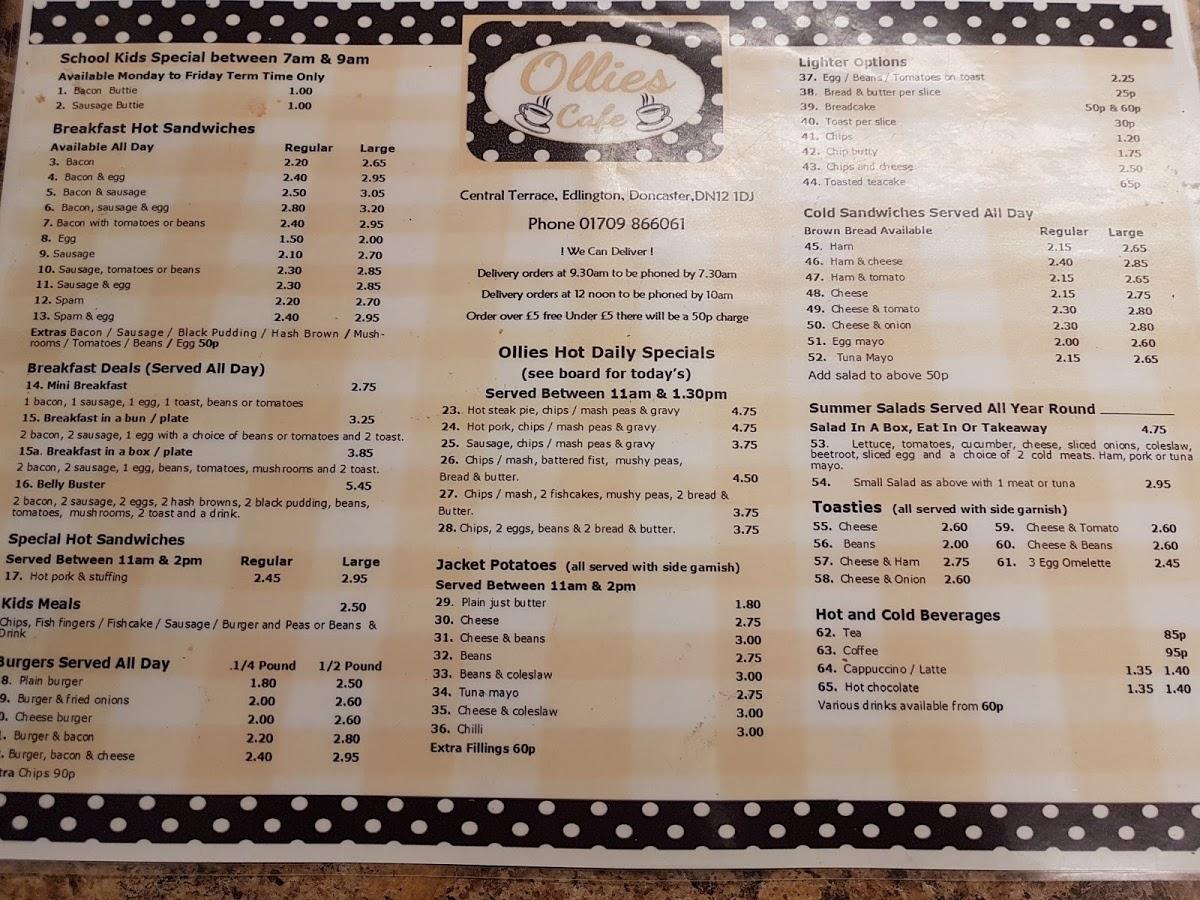 Menu at Ollies Cafe, Doncaster